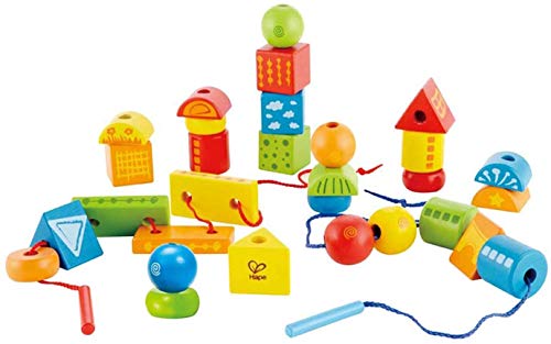 Enfilar Formas de Hape, Clásico Juego de Apilar Bloques de Madera de 32 Piezas, Juguete con Cordones Multicolores