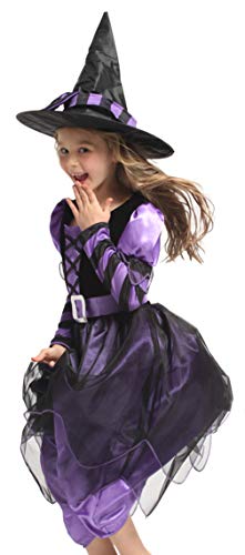 EOZY Disfraz Halloween Niña Disfraz de Bruja con Sombrero y Cinturón para Niñas Chicas para Halloween Carnaval,Cosplay(Purple,4-6 años)