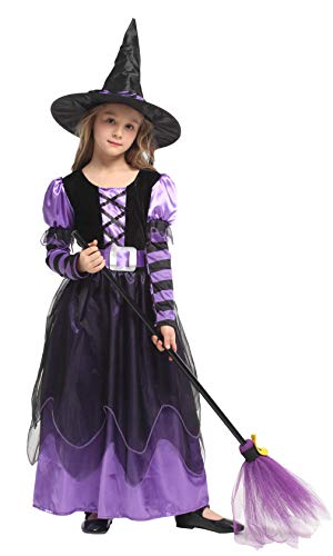 EOZY Disfraz Halloween Niña Disfraz de Bruja con Sombrero y Cinturón para Niñas Chicas para Halloween Carnaval,Cosplay(Purple,4-6 años)