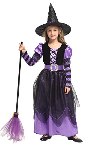 EOZY Disfraz Halloween Niña Disfraz de Bruja con Sombrero y Cinturón para Niñas Chicas para Halloween Carnaval,Cosplay(Purple,4-6 años)