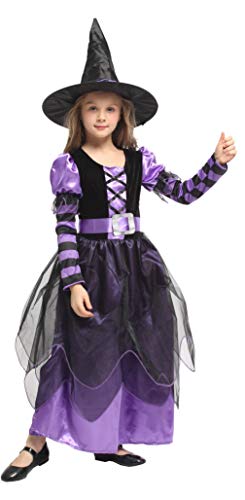 EOZY Disfraz Halloween Niña Disfraz de Bruja con Sombrero y Cinturón para Niñas Chicas para Halloween Carnaval,Cosplay(Purple,4-6 años)