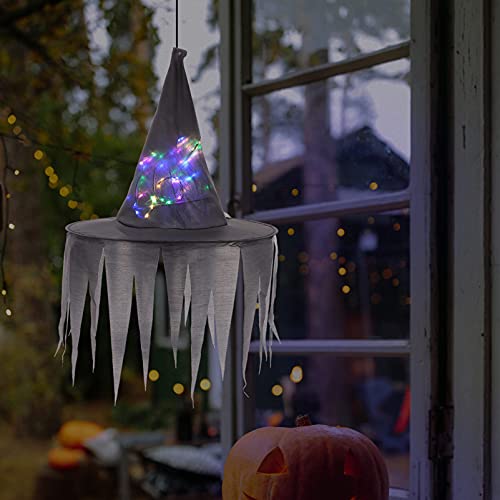 Establezca Bruja sombrero cadena luz halloween colgando de bruja iluminada tapa brillante bruja sombreros ornamento compatible con al aire libre encantado árbol patio jardín decoraciones Atmósfera