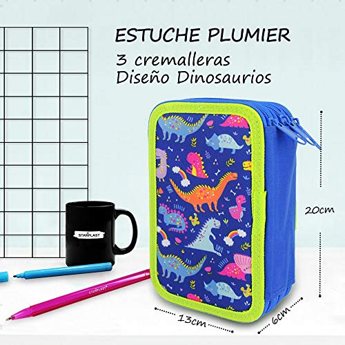 ESTUCHE ESCOLAR PLUMIER STARPLAST - 3 compartimentos, 16 lápices de colores, 16 rotuladores de colores, sacapuntas, goma, 3 bolígrafos para uso escolar, regalo - DISEÑO DINOSAURIOS