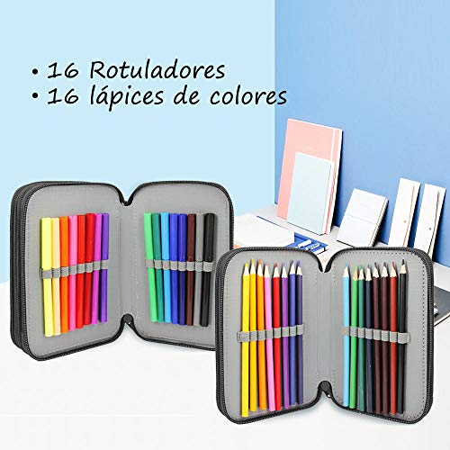 ESTUCHE ESCOLAR PLUMIER STARPLAST - 3 compartimentos, 16 lápices de colores, 16 rotuladores de colores, sacapuntas, goma, 3 bolígrafos para uso escolar, regalo - DISEÑO DINOSAURIOS