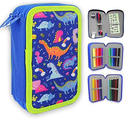 ESTUCHE ESCOLAR PLUMIER STARPLAST - 3 compartimentos, 16 lápices de colores, 16 rotuladores de colores, sacapuntas, goma, 3 bolígrafos para uso escolar, regalo - DISEÑO DINOSAURIOS