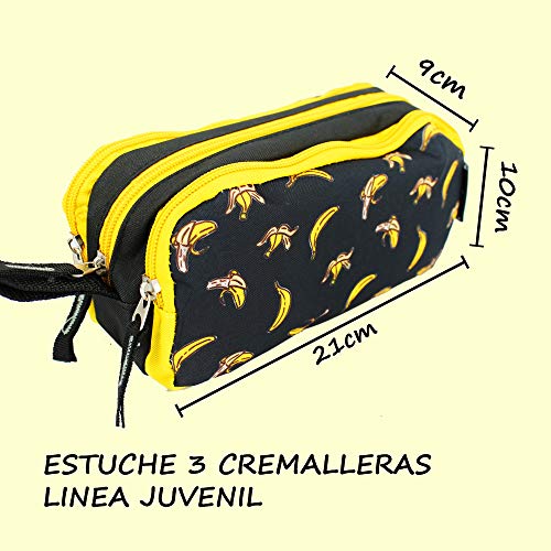 Estuche Escolar STARPLAST - Porta Todo, 3 Cremalleras, 3 Compartimentos, Gran Capacidad, Multiuso, para Uso Escolar, Trabajo, Universidad - Bananas