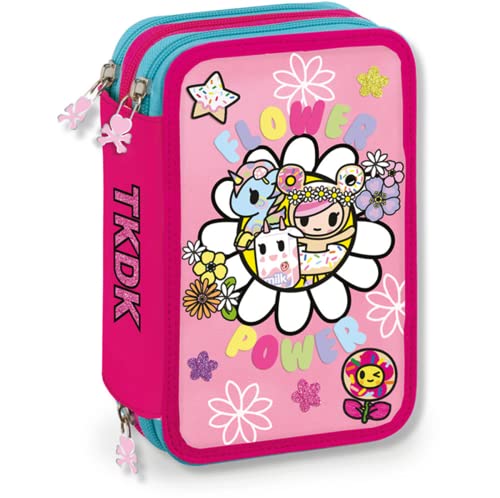 Estuche escolar Tokidoki 3 pisos cremallera completa fucsia Power + llavero Paillettes y bolígrafo multicolor perfumado