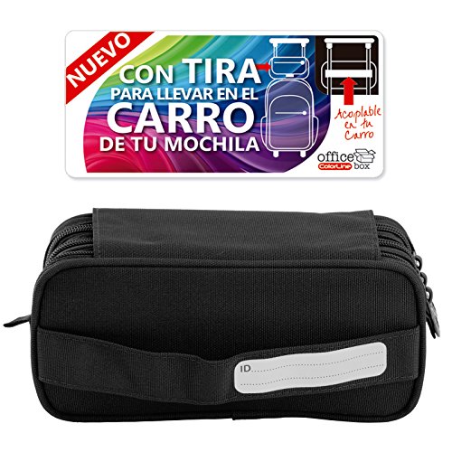 Estuche Portatodo Triple de Amplios Apartados Interiores con Tres Cremalleras para Material Escolar o Neceser. Negro