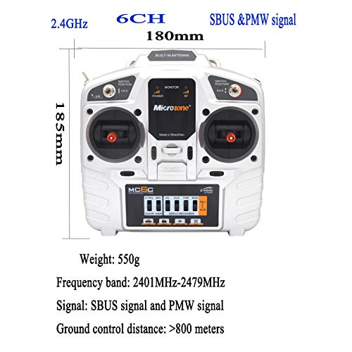 Etrogo Microzone MC6C 2.4GHz Transmisor de Radio de 6 Canales con Receptor de Antena MC6RE para FPV RC Racing Quadcopter Coche Barco Helicóptero Multicóptero Avión de ala Fija (Modo Mano Izquierda)