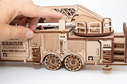 EWA Eco-Wood-Art-Fire Truck Mecánico 3D-Puzzle del camión de Bomberos para el Auto-Montaje Madera-Rompecabezas para Adultos y Adolescentes pegamento-439 Piezas, Color Naturaleza