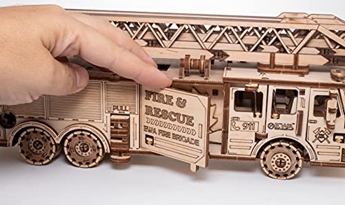 EWA Eco-Wood-Art-Fire Truck Mecánico 3D-Puzzle del camión de Bomberos para el Auto-Montaje Madera-Rompecabezas para Adultos y Adolescentes pegamento-439 Piezas, Color Naturaleza