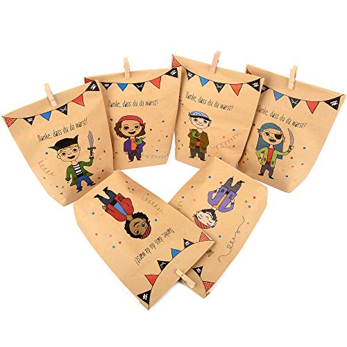 ewtshop® Bolsas de regalo de pirata + mini pinzas de madera para ropa, 12 bolsas de regalo con 6 diferentes dulces piratas para regalos, cumpleaños infantiles y mucho más.