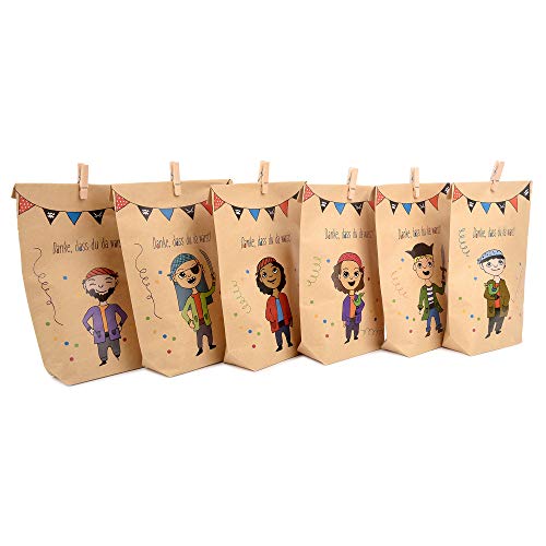 ewtshop® Bolsas de regalo de pirata + mini pinzas de madera para ropa, 12 bolsas de regalo con 6 diferentes dulces piratas para regalos, cumpleaños infantiles y mucho más.