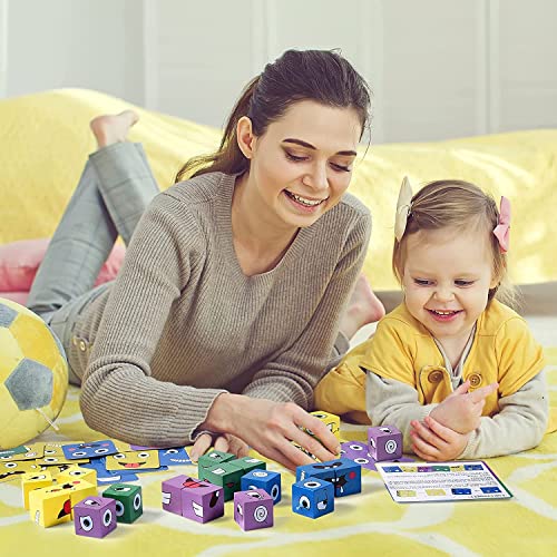 Expresiones Mágico Puzzle de Madera, Jrisbo Magic Face Cube Expresión Bloques Construccion Niños, 16 Cubos de Cara 64 Cartas Montessori Interactivo Rompecabezas