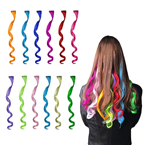 Extensiones Colores de Cabello de Color Peluca de Extensiones de Cabello Rizado Sintético, Kit de Extensión de Cabello de Fiesta Destacada Cabello Colorido 12 Piezas