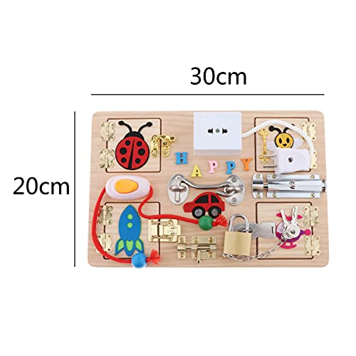 F Fityle Tablero de Madera para Bebés con Cerradura y Llaves, Pernos y Pestillo, Tablero de Actividades Montessori, Juguetes Sensoriales de Madera para Bebés