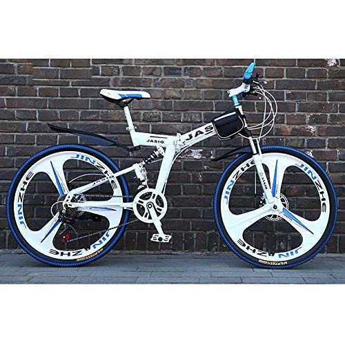 F-JWZS Unisexo Bicicleta de Montaña de Doble Suspensión, 21 Velocidades Bicicleta Plegable, con Ruedas de 3 Radios de 24 Pulgadas y Doble Freno de Disco, para Estudiante, Niño, Adulto, Viajero,White