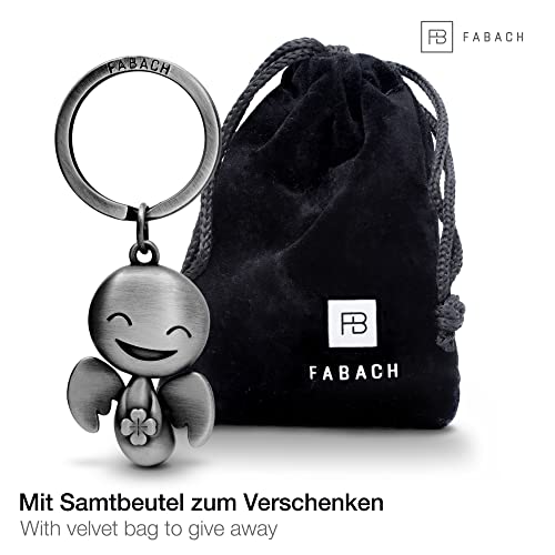 FABACH Llavero de ángel de la guarda Happy con trébol – Ángel de la suerte de metal – Amuleto de la suerte para coche – Regalo buena suerte., plateado envejecido, 1 unidad,