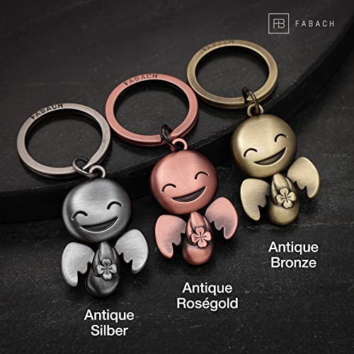 FABACH Llavero de ángel de la guarda Happy con trébol – Ángel de la suerte de metal – Amuleto de la suerte para coche – Regalo buena suerte., plateado envejecido, 1 unidad,