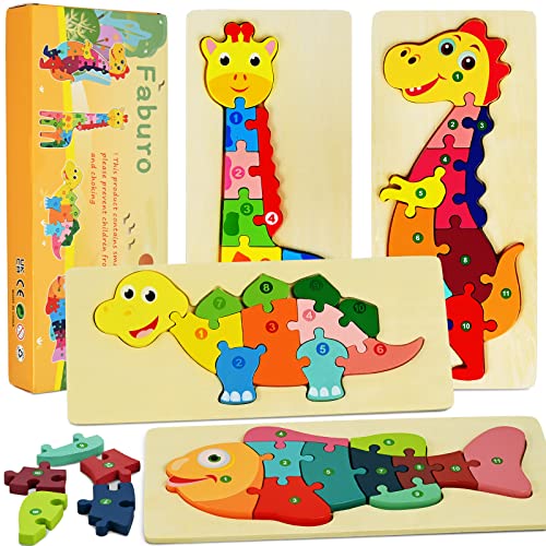 Faburoo 4pz Puzzles de Madera Educativos para Bebé niños 3 4 5 6 años, Rompecabezas de Madera Bebe Puzzle Bebé Preescolar Juguetes Regalos Material Seguro Regalo de cumpleaños Navidad