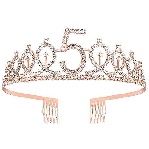 Fajín y tiara para el quinto cumpleaños para niñas, corona de oro rosa para el cumpleaños, 5 fabulosas fajas y tiara, regalos para el quinto cumpleaños para felices fiestas de quinto cumpleaños