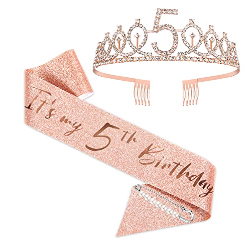 Fajín y tiara para el quinto cumpleaños para niñas, corona de oro rosa para el cumpleaños, 5 fabulosas fajas y tiara, regalos para el quinto cumpleaños para felices fiestas de quinto cumpleaños