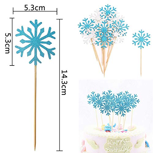 FANDE 60 Piezas Toppers para Pastel, Adorno de Pastel Copos de Nieve, Toppers de Cupcake Brillantes, Decoración de Helado Topper(Copos de Nieve Plata y Azul)