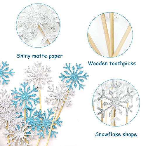 FANDE 60 Piezas Toppers para Pastel, Adorno de Pastel Copos de Nieve, Toppers de Cupcake Brillantes, Decoración de Helado Topper(Copos de Nieve Plata y Azul)