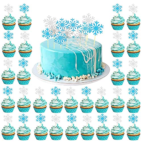 FANDE 60 Piezas Toppers para Pastel, Adorno de Pastel Copos de Nieve, Toppers de Cupcake Brillantes, Decoración de Helado Topper(Copos de Nieve Plata y Azul)