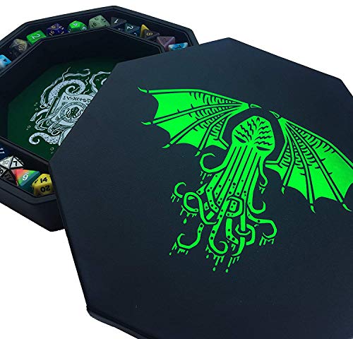 Fantasydice-Cthulhu Tome-Green - Bandeja de dados 8 cm octágono con tapa y zona colocación dados, capacidad para 5 juegos (7 dados/estándar) todos los rol mesa como D&D, Call of Cthulhu, Shadowrun.