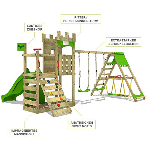 FATMOOSE Parque infantil de madera BoldBaron Boost XXL con columpio SurfSwing y tobogán, Torre de escalada da exterior con arenero y escalera para niños