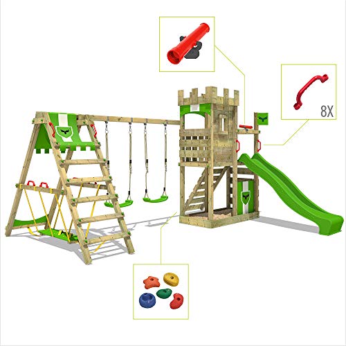 FATMOOSE Parque infantil de madera BoldBaron Boost XXL con columpio SurfSwing y tobogán, Torre de escalada da exterior con arenero y escalera para niños