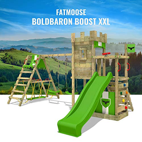 FATMOOSE Parque infantil de madera BoldBaron Boost XXL con columpio SurfSwing y tobogán, Torre de escalada da exterior con arenero y escalera para niños