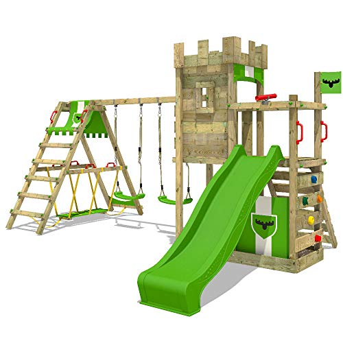 FATMOOSE Parque infantil de madera BoldBaron Boost XXL con columpio SurfSwing y tobogán, Torre de escalada da exterior con arenero y escalera para niños