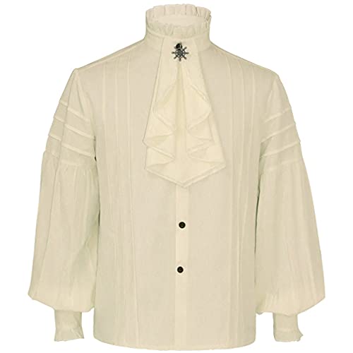 fengduo Hombres Pirata Camisa Disfraz Jabot Collar Cuello Alto Abotonada en Color Liso Camisa para Actividades en Parques de Atracciones