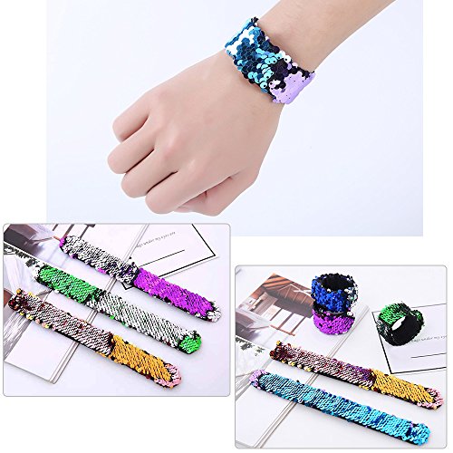 FEPITO 8 PCS Lentejuelas Pulseras de Sirena 2-Color Reversible Glitter Lentejuela Pulseras Slap Pulseras para niños Sirena Fiesta de cumpleaños Favorece Bolsa de Relleno (Colores aleatorios)