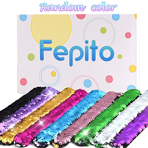 FEPITO 8 PCS Lentejuelas Pulseras de Sirena 2-Color Reversible Glitter Lentejuela Pulseras Slap Pulseras para niños Sirena Fiesta de cumpleaños Favorece Bolsa de Relleno (Colores aleatorios)