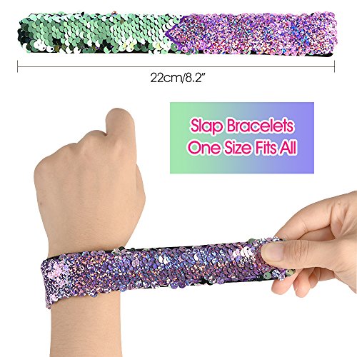 FEPITO 8 PCS Lentejuelas Pulseras de Sirena 2-Color Reversible Glitter Lentejuela Pulseras Slap Pulseras para niños Sirena Fiesta de cumpleaños Favorece Bolsa de Relleno (Colores aleatorios)