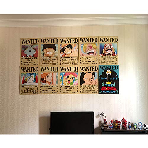 FFNNKN One Piece Wanted Posters Nueva Edición Luffy 1.5 Mil Millones de Anime Conjunto de Carteles Decorativos De 10Pcs 42 * 29cm