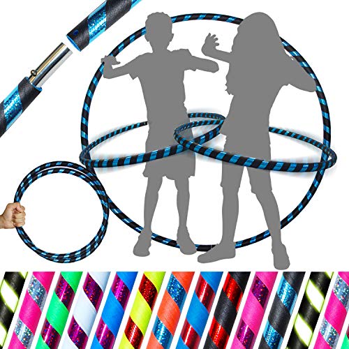 Flames 'N Games Aro Pro Hula para niños o adultos – Aro de viaje con peso de calidad para ejercicio, danza de aro, fitness y diversión (85 cm/20 mm) *No necesita instrucciones (negro / azul Glitter)