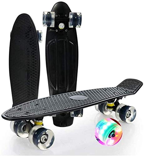 FMXYMC Tabla de Skate Pastel Mini de 22", patineta Retro Penny Cruiser, patineta para Principiantes con Luces LED en Color de 4 Ruedas, Tabla Larga Completa, para niños/Adultos,Negro