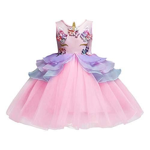 FMYFWY Vestido de Unicornio de Niña Tutú Princesa Cumpleaños Sin Mangas Disfraz de Carnaval Halloween Traje de Cosplay Navidad Bautizo Comunión Boda Fiesta para Chicas con Diadema Rosa 4-5