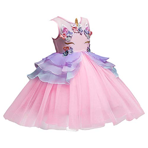 FMYFWY Vestido de Unicornio de Niña Tutú Princesa Cumpleaños Sin Mangas Disfraz de Carnaval Halloween Traje de Cosplay Navidad Bautizo Comunión Boda Fiesta para Chicas con Diadema Rosa 4-5