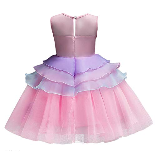 FMYFWY Vestido de Unicornio de Niña Tutú Princesa Cumpleaños Sin Mangas Disfraz de Carnaval Halloween Traje de Cosplay Navidad Bautizo Comunión Boda Fiesta para Chicas con Diadema Rosa 4-5