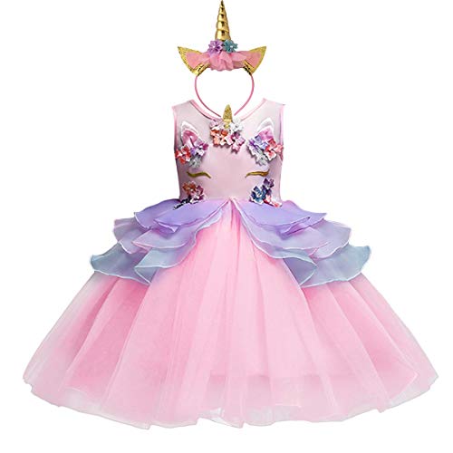 FMYFWY Vestido de Unicornio de Niña Tutú Princesa Cumpleaños Sin Mangas Disfraz de Carnaval Halloween Traje de Cosplay Navidad Bautizo Comunión Boda Fiesta para Chicas con Diadema Rosa 4-5