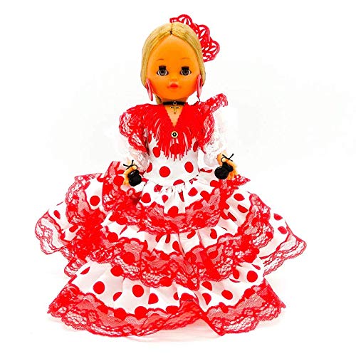 Folk Artesanía Muñeca Regional colección 35 cm con Peineta colección Andaluza Flamenca Andalucía España, Nueva y Original. (Rojo Lunar Blanco)