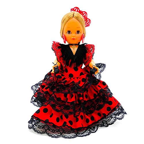 Folk Artesanía Muñeca Regional colección 35 cm con Peineta colección Andaluza Flamenca Andalucía España, Nueva y Original. (Rojo Lunar Blanco)