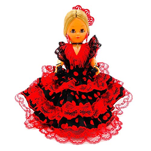 Folk Artesanía Muñeca Regional colección 35 cm con Peineta colección Andaluza Flamenca Andalucía España, Nueva y Original. (Rojo Lunar Blanco)