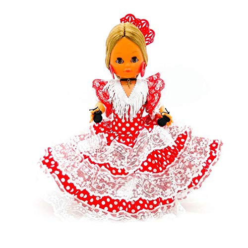 Folk Artesanía Muñeca Regional colección 35 cm con Peineta colección Andaluza Flamenca Andalucía España, Nueva y Original. (Rojo Lunar Blanco)