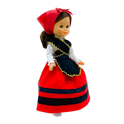 Folk Artesanía Set Vestido Regional Gallega Galicia, pañuelo, Delantal y Percha para muñeca Nancy, Sintra, Mina, Noa. Muñeca no incluida. Fabricado en España.